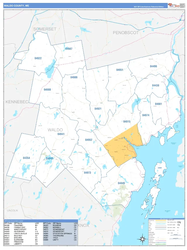 Waldo County, ME ZIP Code Wall Map, Business Reference style