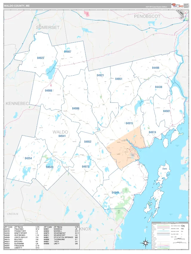Waldo County, ME ZIP Code Wall Map, Classic style
