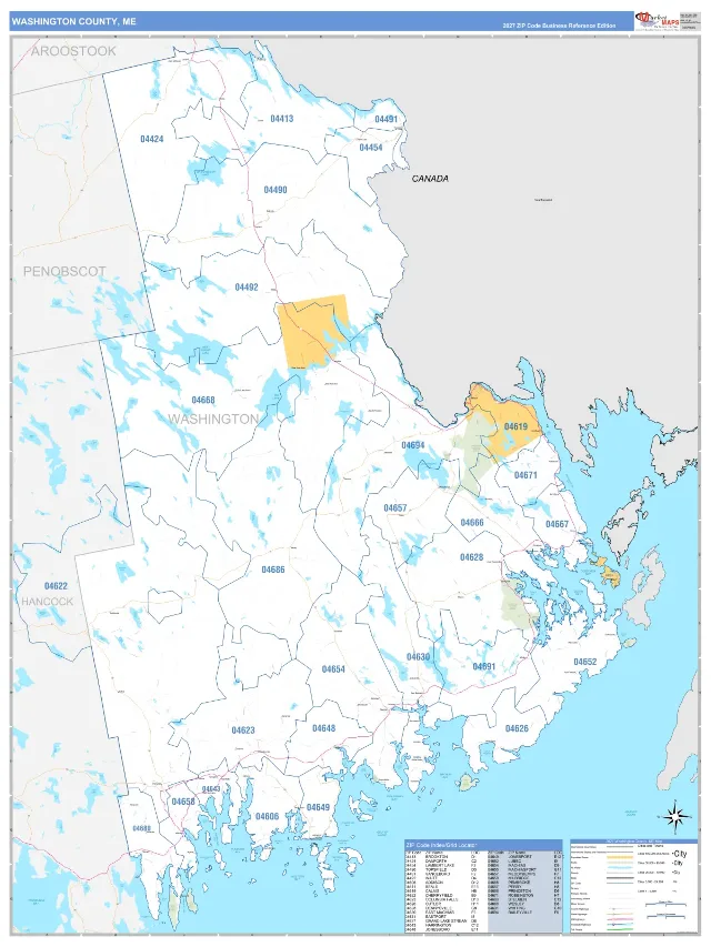 Washington County, ME ZIP Code Wall Map, Business Reference style
