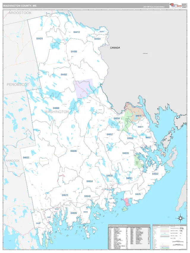 Washington County, ME ZIP Code Wall Map, Classic style