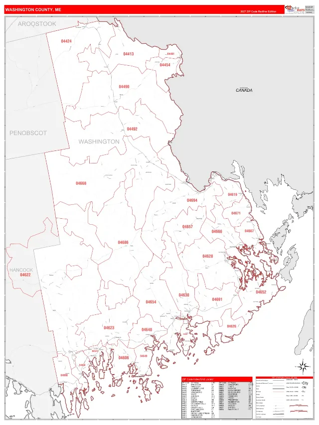 Washington County, ME ZIP Code Wall Map, RedLine style
