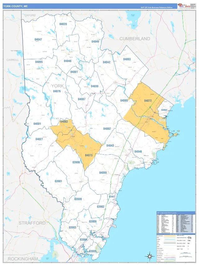 York County, ME ZIP Code Wall Map, Business Reference style