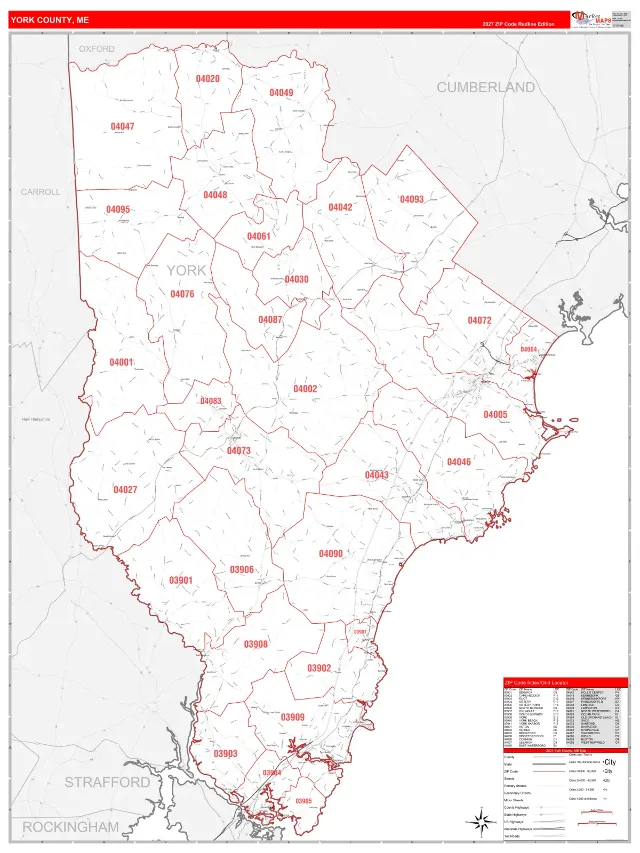 York County, ME ZIP Code Wall Map, RedLine style