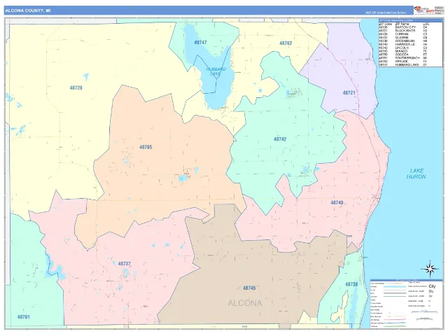 Alcona County, MI ZIP Code Wall Map, ColorCast style