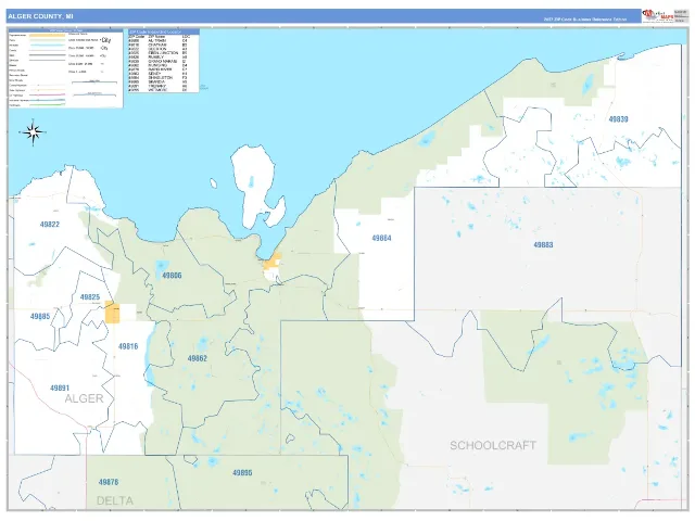 Alger County, MI ZIP Code Wall Map, Business Reference style