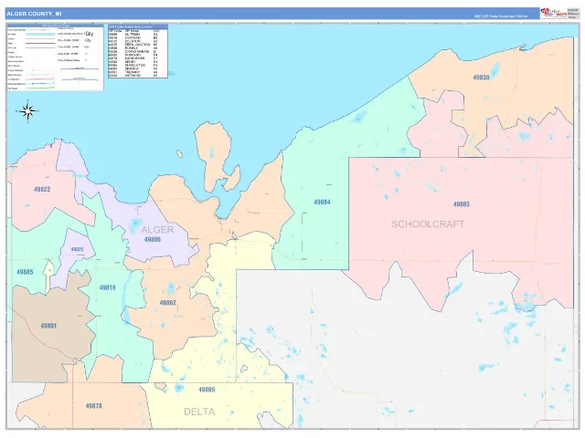 Alger County, MI ZIP Code Wall Map, ColorCast style