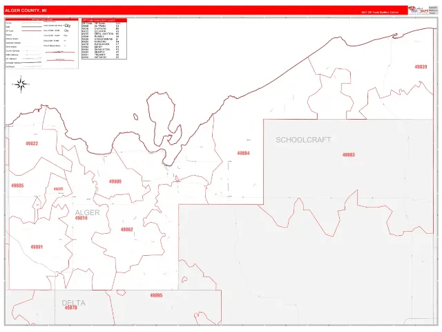 Alger County, MI ZIP Code Wall Map, RedLine style