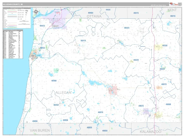 Allegan County, MI ZIP Code Wall Map, Classic style