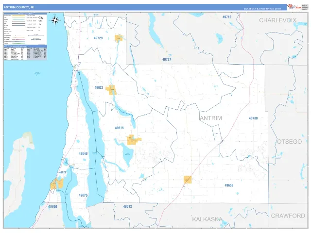 Antrim County, MI ZIP Code Wall Map, Business Reference style