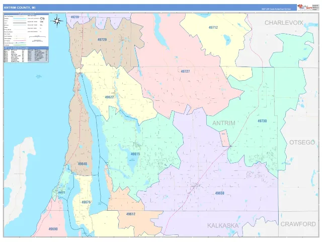 Antrim County, MI ZIP Code Wall Map, ColorCast style