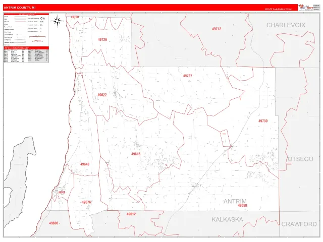 Antrim County, MI ZIP Code Wall Map, RedLine style