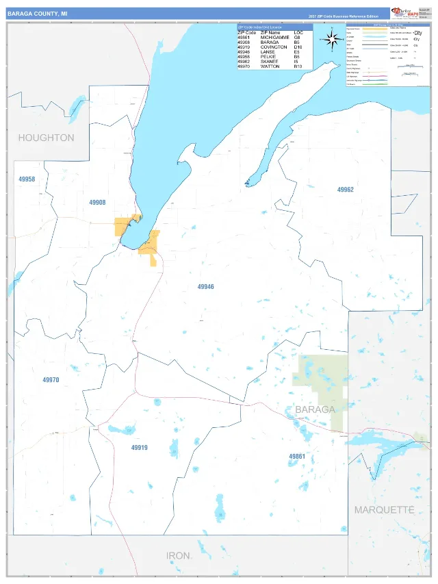 Baraga County, MI ZIP Code Wall Map, Business Reference style