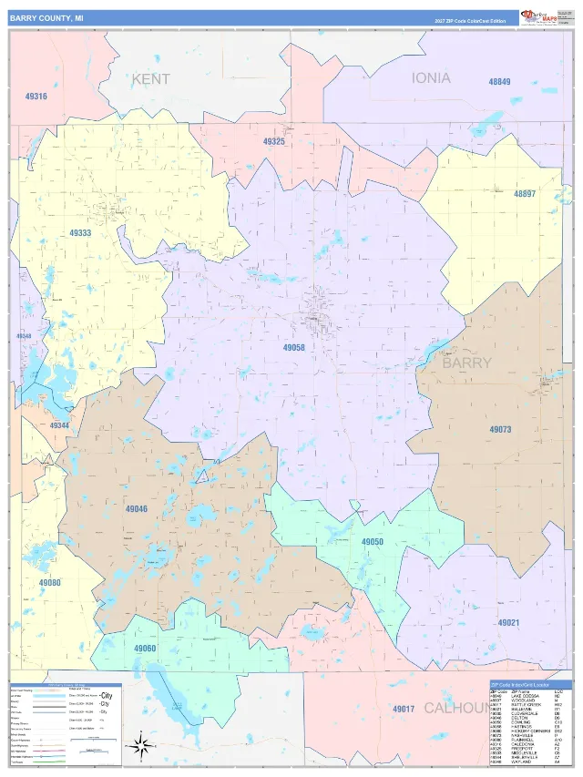 Barry County, MI ZIP Code Wall Map, ColorCast style