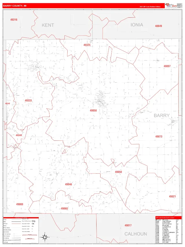 Barry County, MI ZIP Code Wall Map, RedLine style