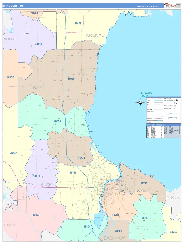 Bay County, MI ZIP Code Wall Map, ColorCast style
