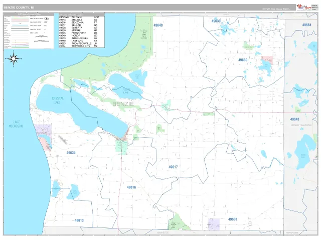 Benzie County, MI ZIP Code Wall Map, Classic style