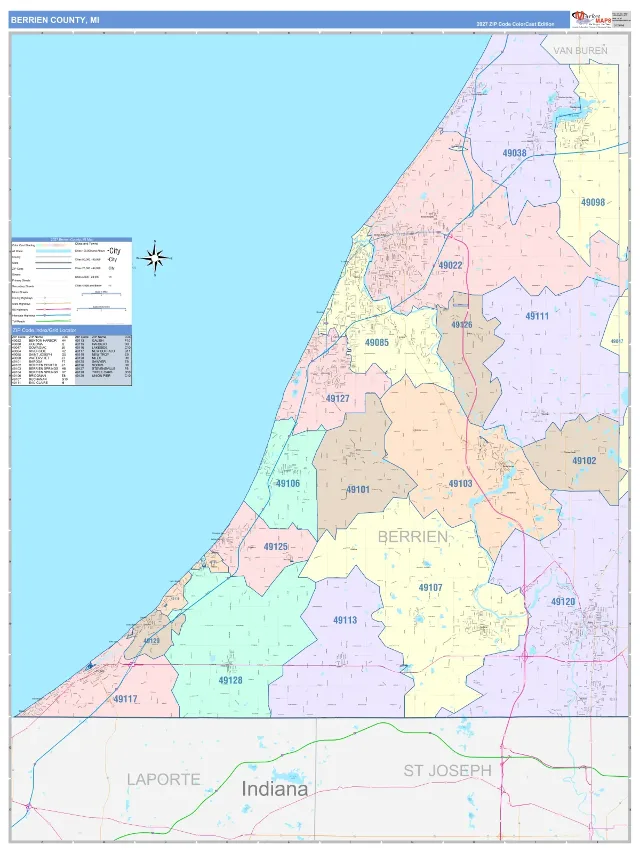 Berrien County, MI ZIP Code Wall Map, ColorCast style