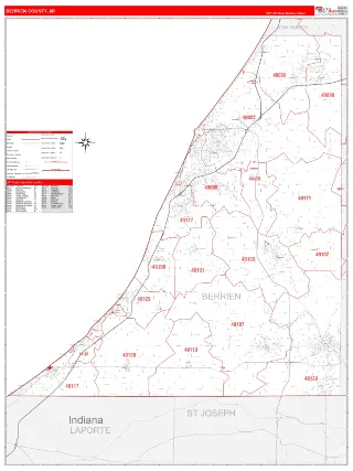Berrien County, MI RedLine style ZIP Code wall map