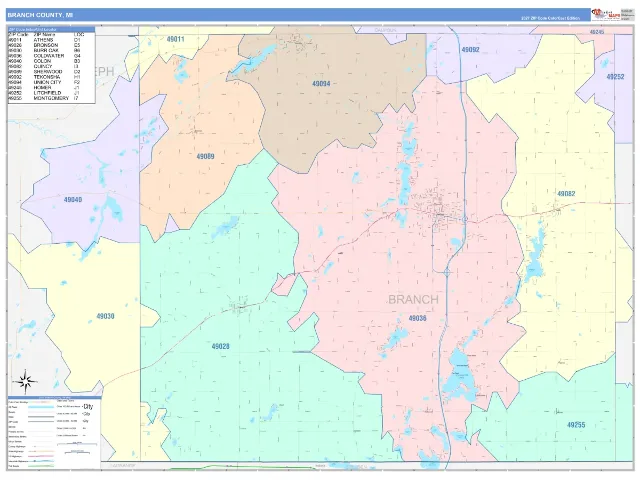 Branch County, MI ZIP Code Wall Map, ColorCast style