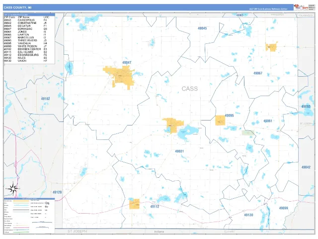 Cass County, MI ZIP Code Wall Map, Business Reference style