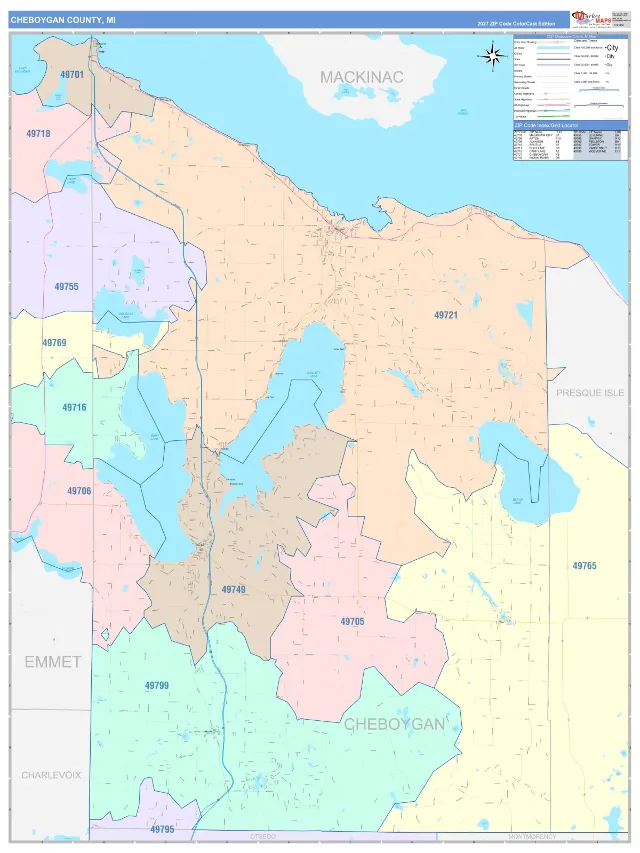 Cheboygan County, MI ZIP Code Wall Map, ColorCast style