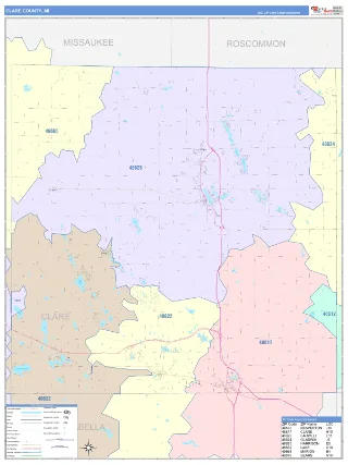 Clare County, MI ColorCast style ZIP Code wall map