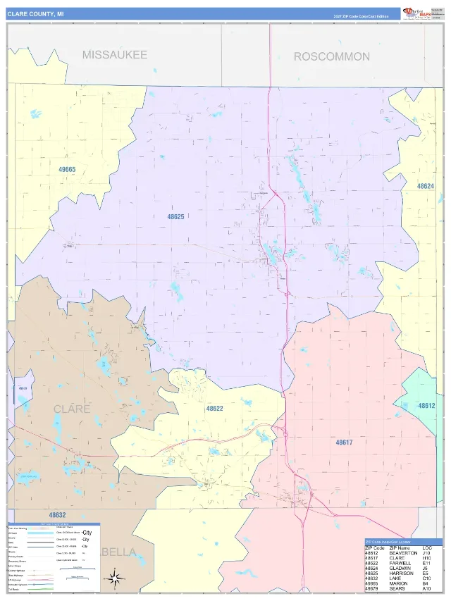Clare County, MI ZIP Code Wall Map, ColorCast style