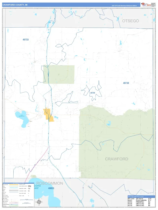 Crawford County, MI ZIP Code Wall Map, Business Reference style