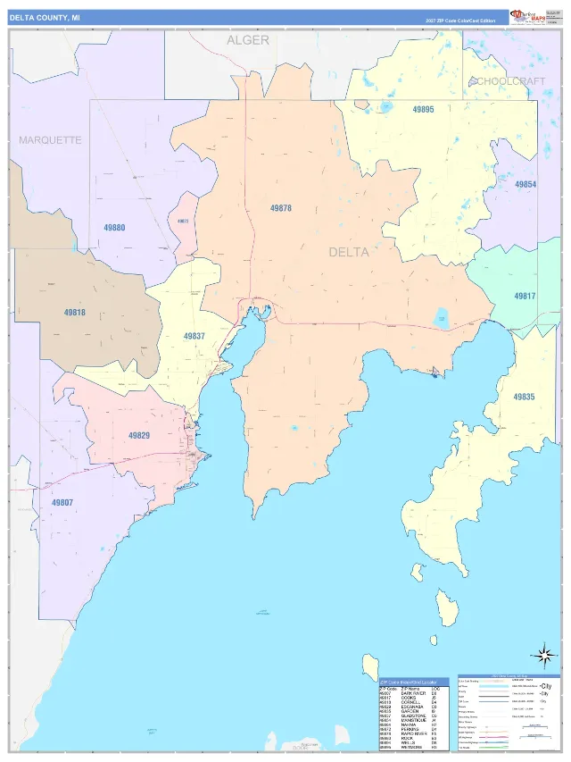 Delta County, MI ZIP Code Wall Map, ColorCast style