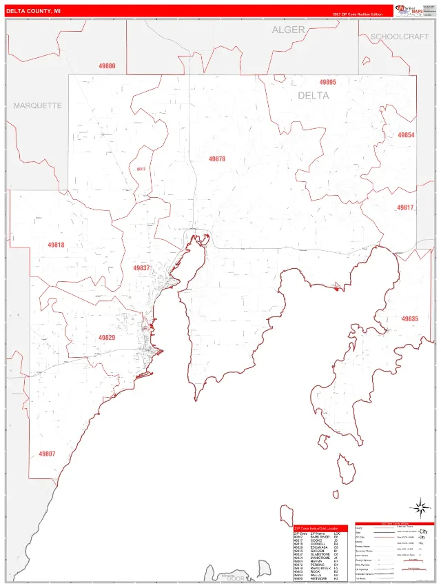 Delta County, MI ZIP Code Wall Map, RedLine style