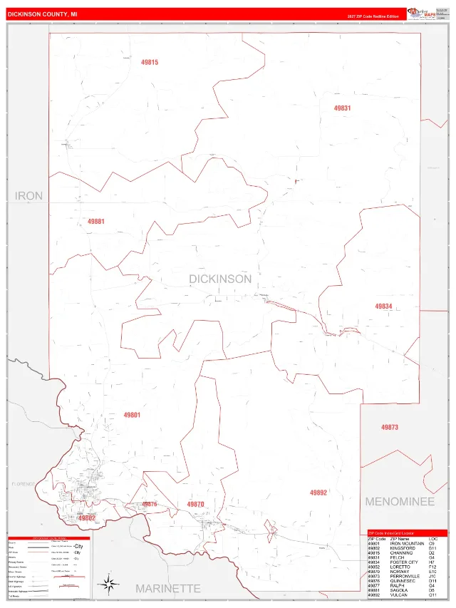 Dickinson County, MI ZIP Code Wall Map, RedLine style
