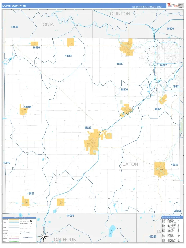 Eaton County, MI ZIP Code Wall Map, Business Reference style