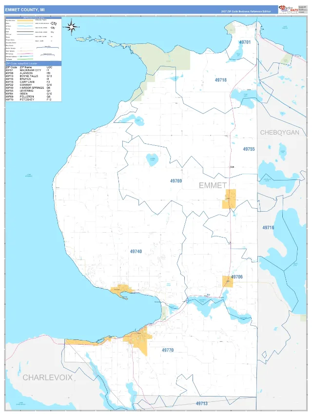 Emmet County, MI ZIP Code Wall Map, Business Reference style