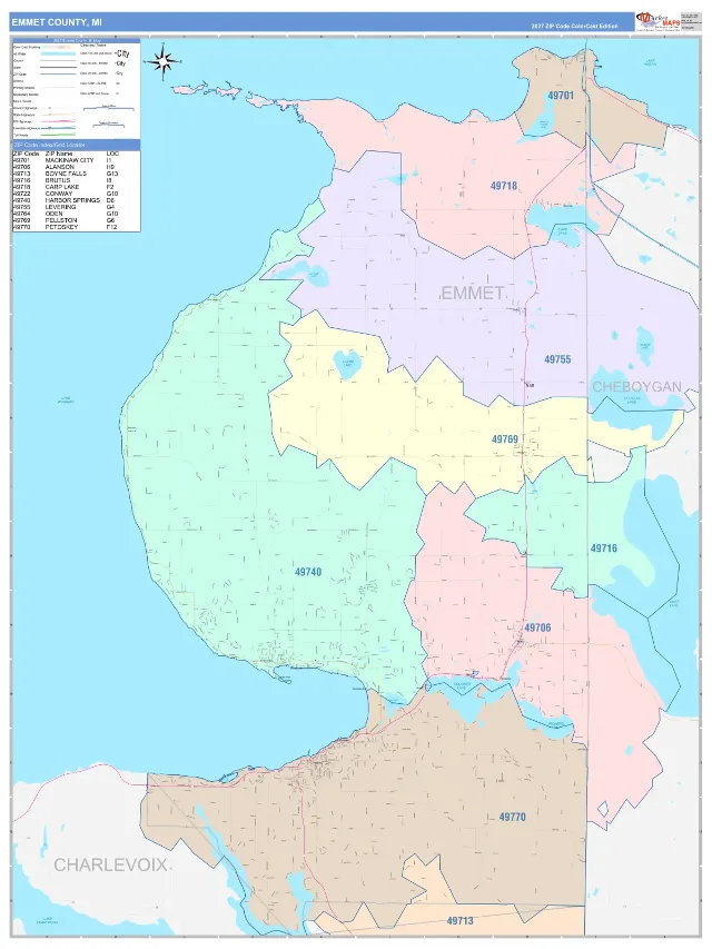 Emmet County, MI ZIP Code Wall Map, ColorCast style