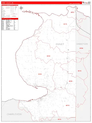 Emmet County, MI RedLine style ZIP Code wall map
