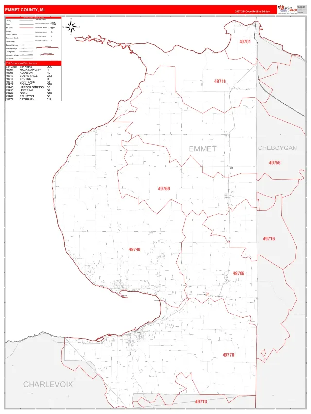 Emmet County, MI ZIP Code Wall Map, RedLine style