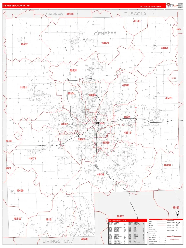 Genesee County, MI ZIP Code Wall Map, RedLine style