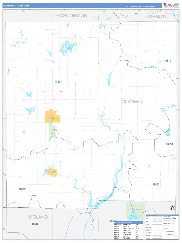 Gladwin County, MI ZIP Code Wall Map, Business Reference style