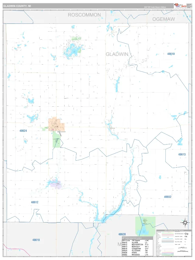 Gladwin County, MI ZIP Code Wall Map, Classic style