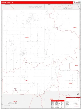 Gladwin County, MI RedLine style ZIP Code wall map