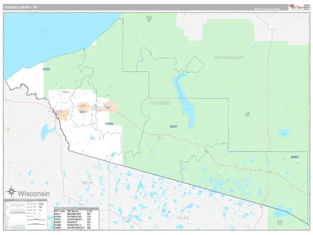 Gogebic County, MI ZIP Code Wall Map, Classic style