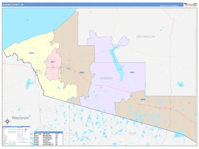 Gogebic County, MI ZIP Code Wall Map, ColorCast style