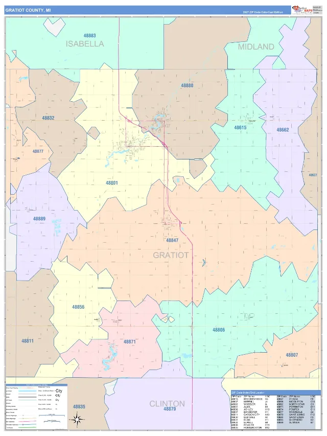 Gratiot County, MI ZIP Code Wall Map, ColorCast style