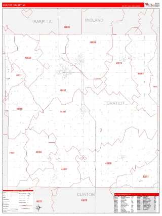Gratiot County, MI RedLine style ZIP Code wall map