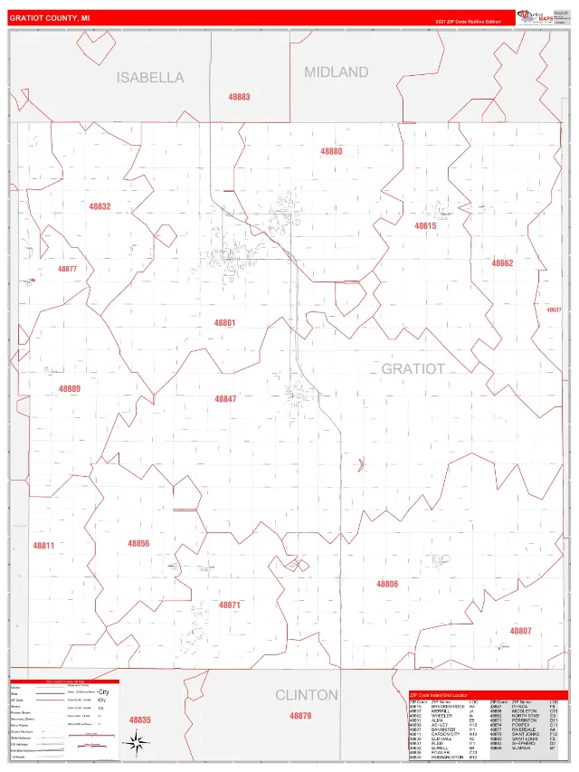 Gratiot County, MI ZIP Code Wall Map, RedLine style
