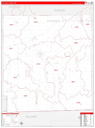 Hillsdale County, MI RedLine style ZIP Code wall map
