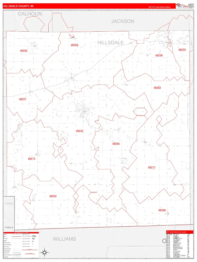 Hillsdale County, MI ZIP Code Wall Map, RedLine style