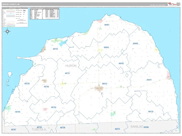Huron County, MI ZIP Code Wall Map, Classic style