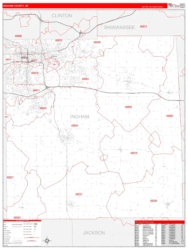 Ingham County, MI ZIP Code Wall Map, RedLine style