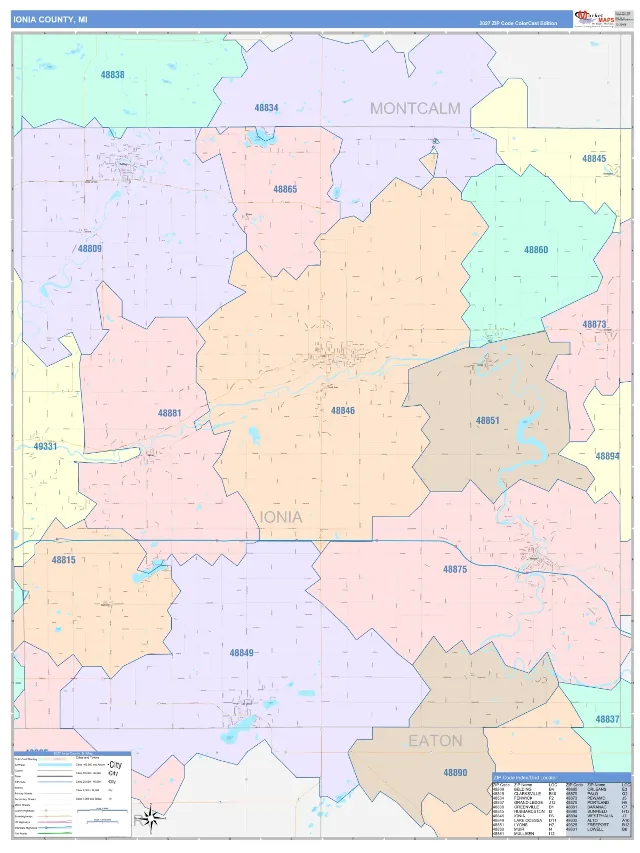 Ionia County, MI ZIP Code Wall Map, ColorCast style
